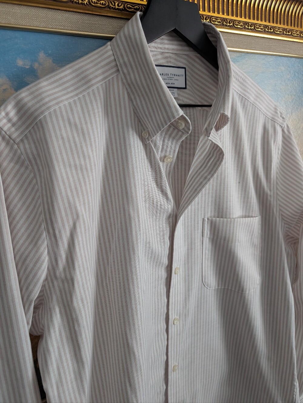 Charles Tyrwhitt Light Brown and White Striped Oxford Button-Down Shirt